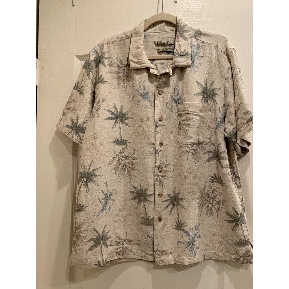 Batck Bay Hawaiian 100% Silk Cream‎ Color Shirt with Green Palm Trees Sz L